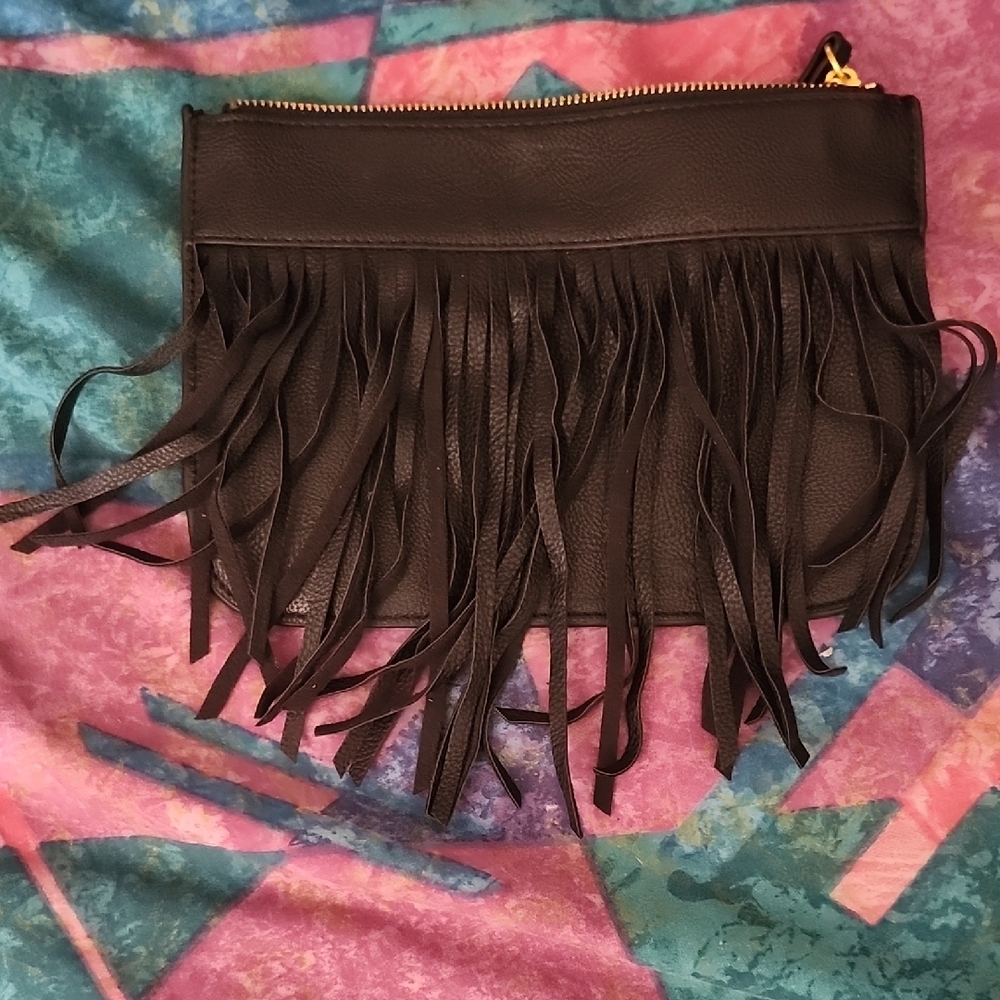 Fringe Black Leather Clutch